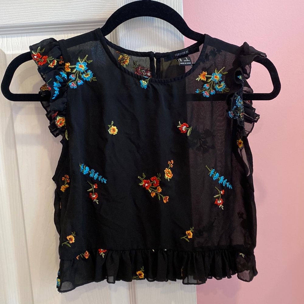 Black Flower Crop Top Organza